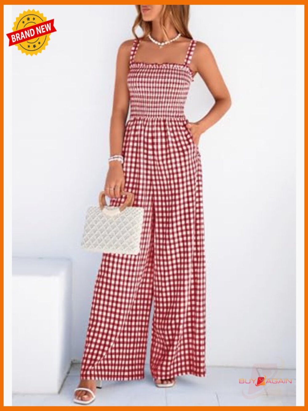 Womens Gingham Jumpsuit Square Neck Smocked Bodice Wide Leg Romper - Picture 5 of 7